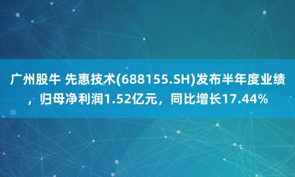 广州股牛 先惠技术(688155.SH)发布半年度业绩,归母净利润1.52亿元,同比增长17.44%